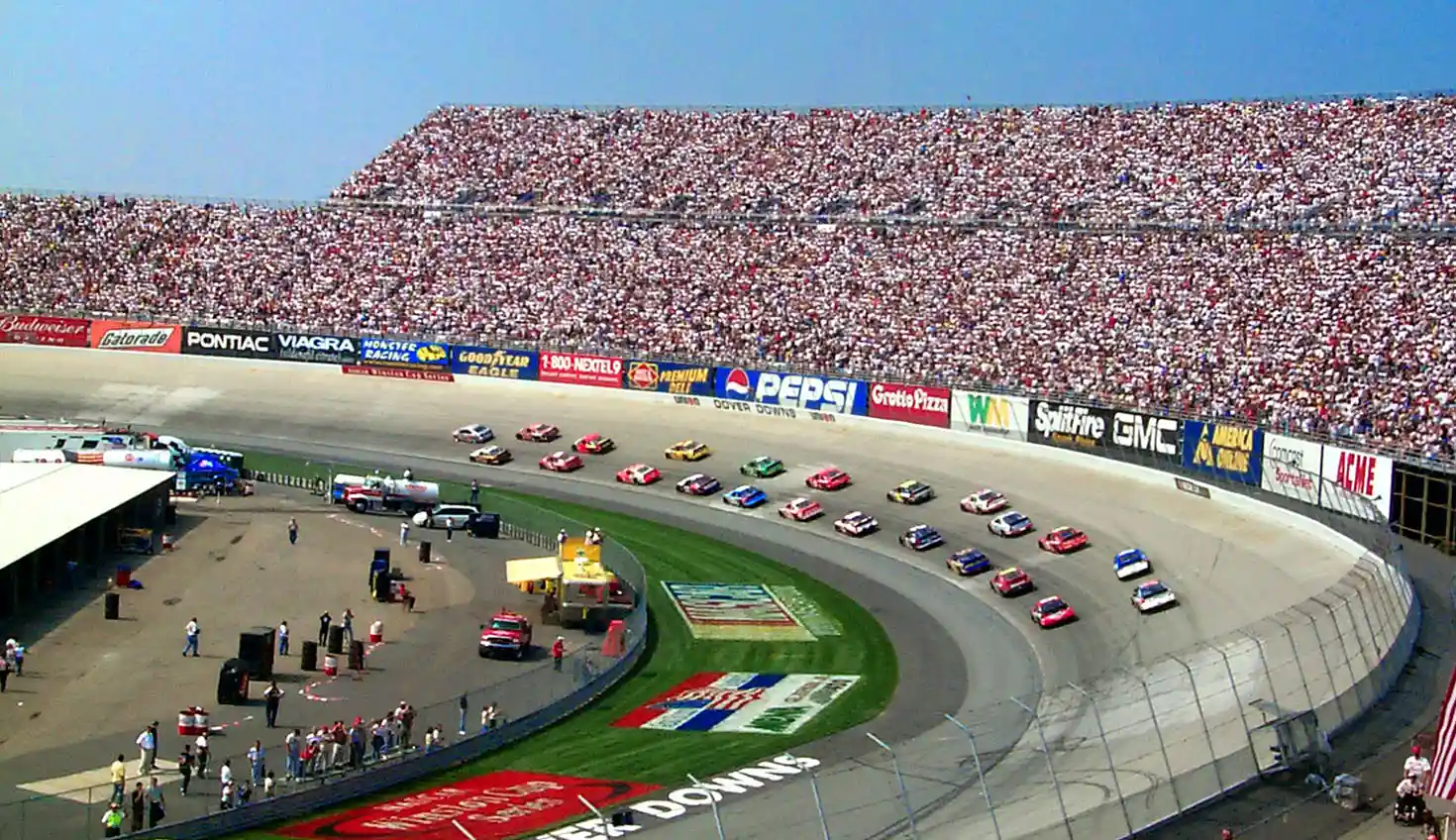 Aerial view of Dover Motor Speedway's concrete oval and high banked turns in Delaware