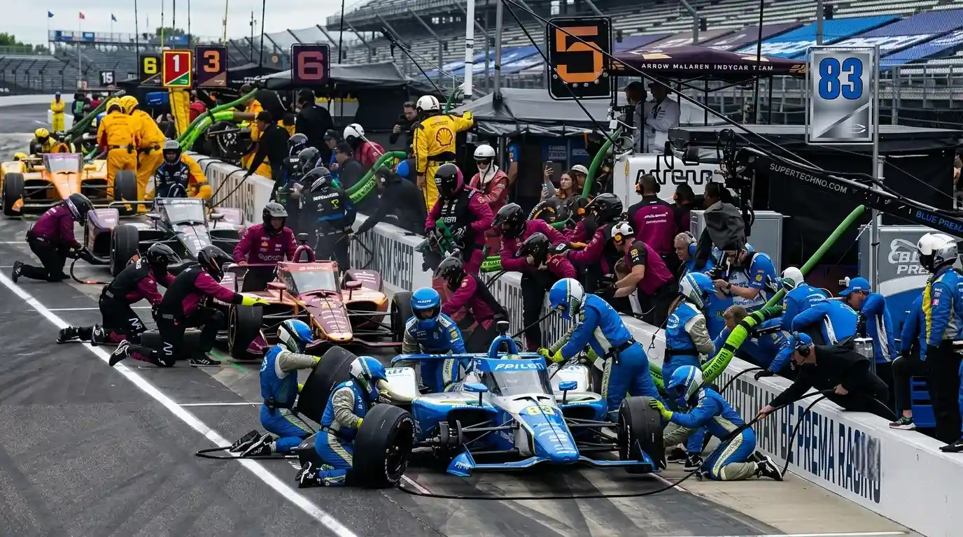 Race crew working on IndyCar in pit lane — 2026 NTT IndyCar Series team operations and strategy