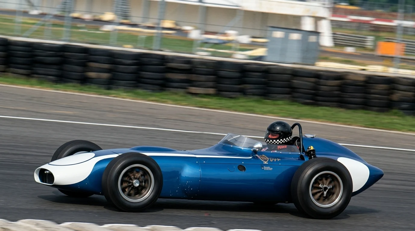 The Scarab Formula 1 car in motion during the 1960 European Formula One season