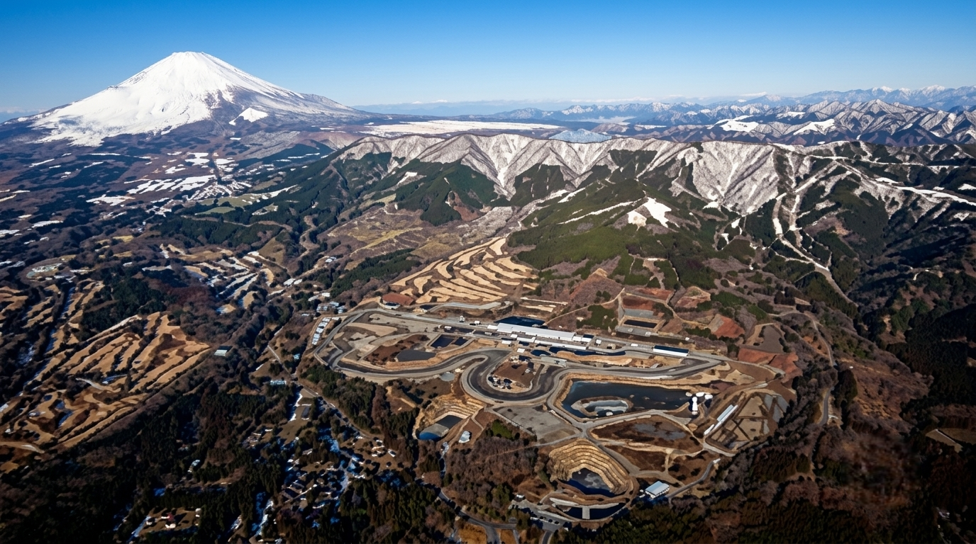 Aerial view of a motorsport circuit in Japan — Super Formula 2026 race weekend format with qualifying and race day sessions at Fuji Speedway