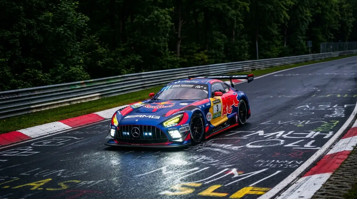 GT3 cars lined up in pit lane at Nürburgring ahead of the 24-hour race start — mechanics making final setup calls