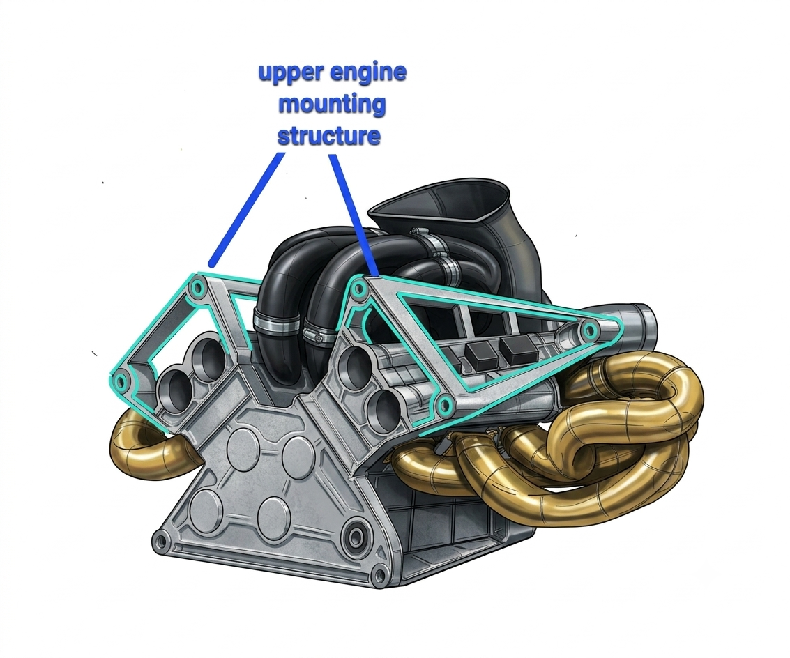 Formula 1 car detail showing hybrid power unit components and aerodynamic bodywork — 2026 technical regulations
