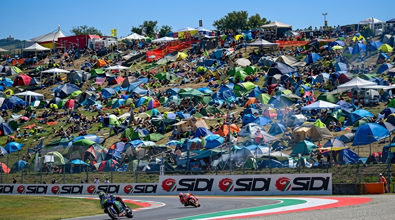 Racing motorcycles at speed on a racing circuit — Mugello Circuit Italian Grand Prix historical atmosphere and competition