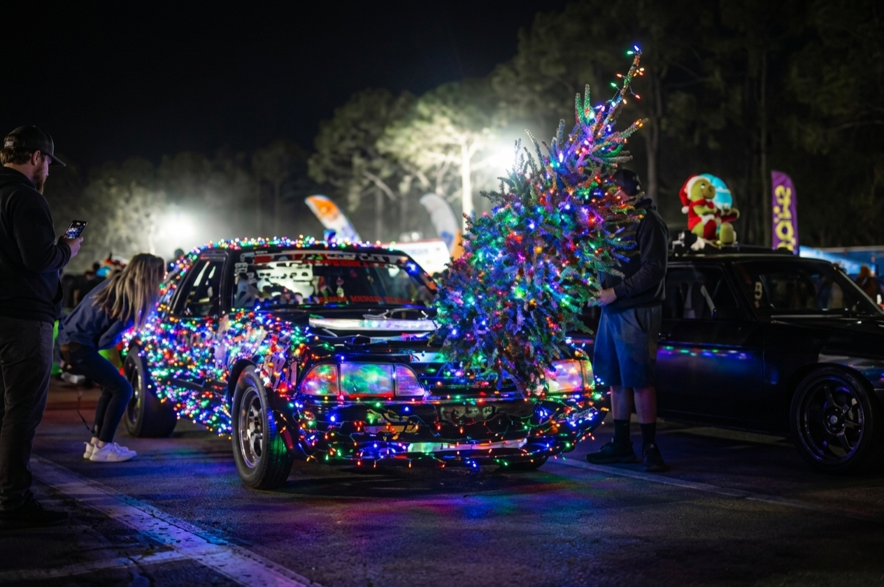 Drag racing Christmas Tree starter lights illuminated at an NHRA national event — the moment before launch