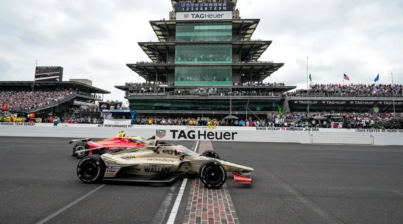 Indianapolis Motor Speedway oval track at speed — the 2026 Indy 500 produced the closest finish in the race's 110-edition history
