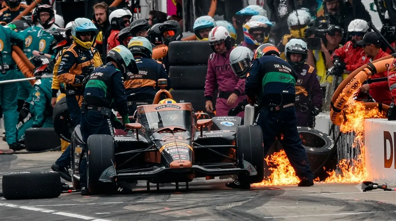IndyCar pit stop mechanics working at speed — Road America 2026 pit lane strategy