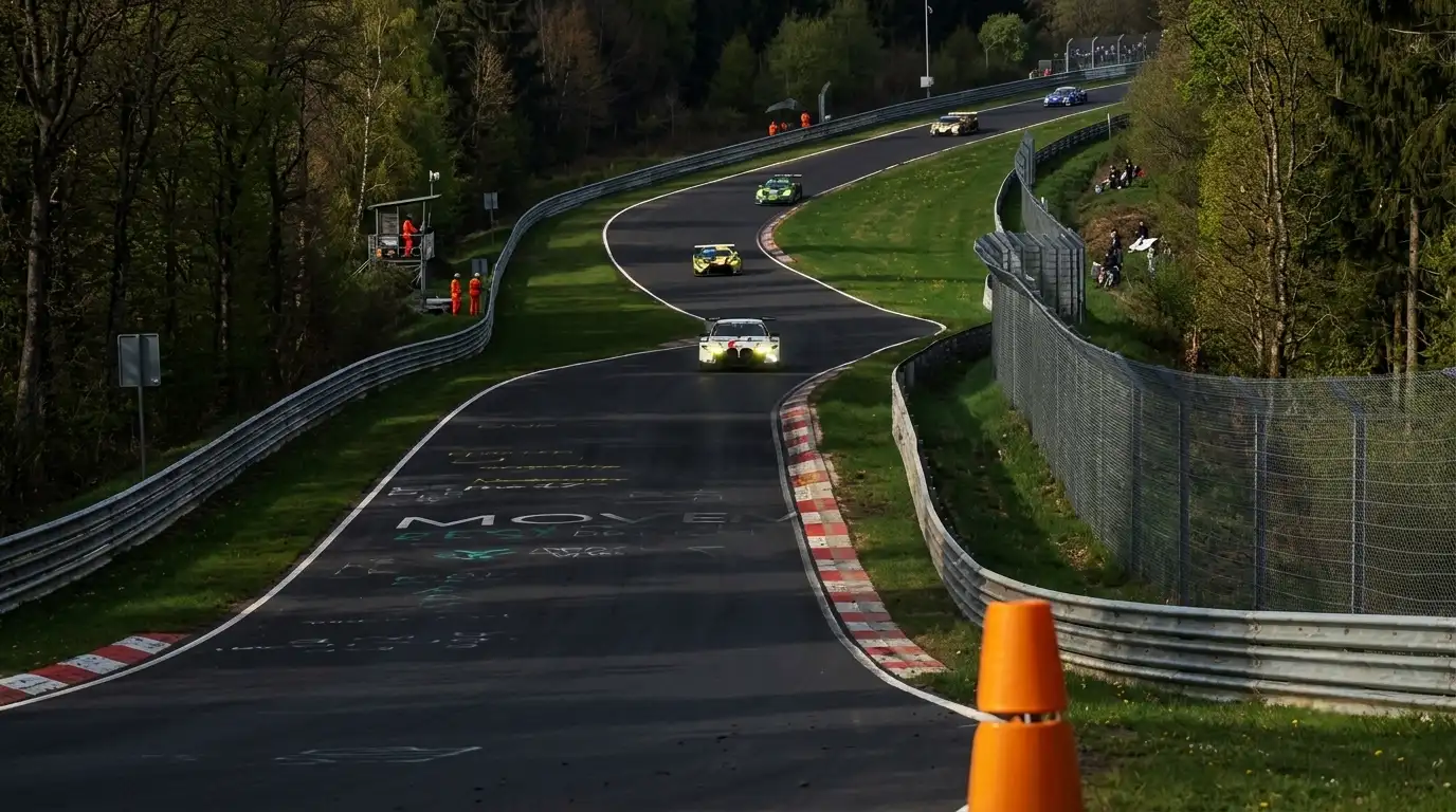 Packed grandstands at Nürburgring 24 Hours 2026 — tens of thousands of fans watching the Green Hell endurance race