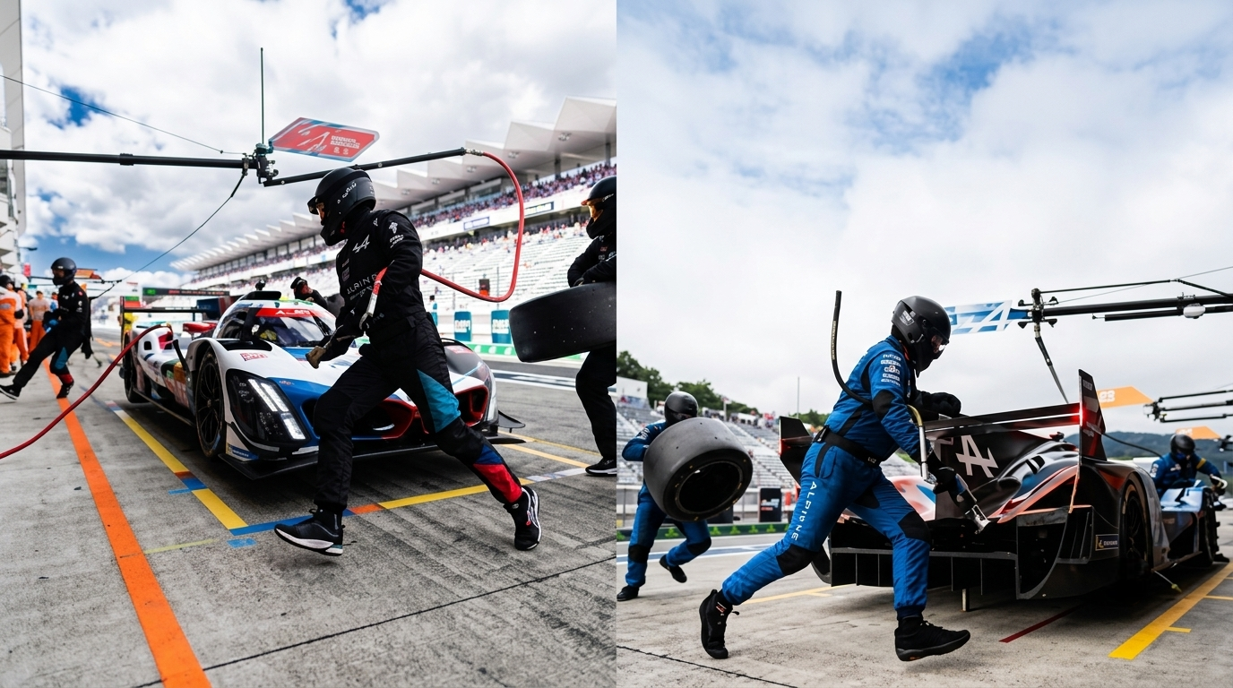 Super Formula 2026 broadcast setup — pit lane crew monitoring race data and live timing during a round at Fuji Speedway Japan