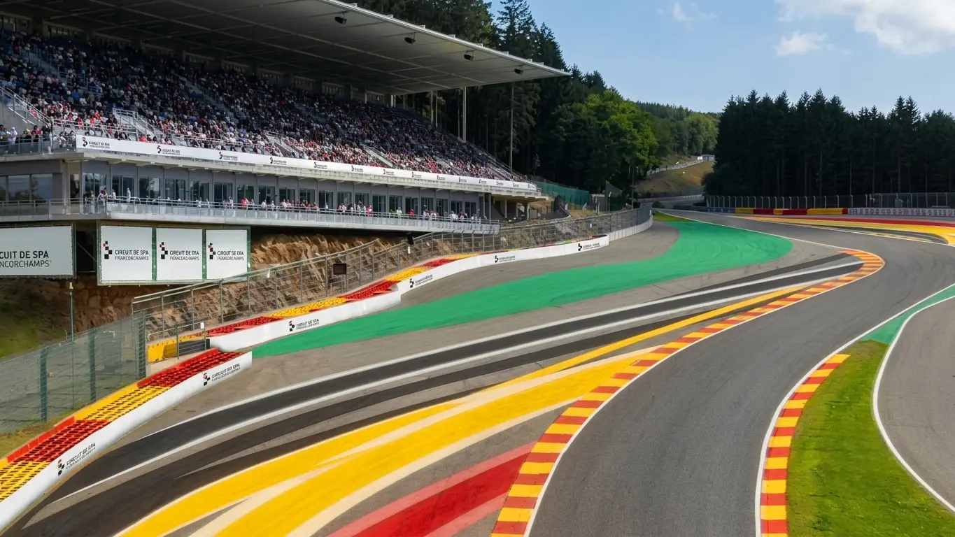 Formula 1 cars racing side by side through a fast corner sequence at a European circuit