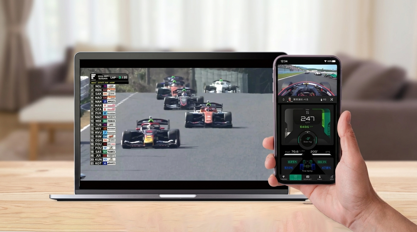 Motorsport fan watching Super Formula 2026 live stream on mobile device — SFgo app with onboard camera and live timing data