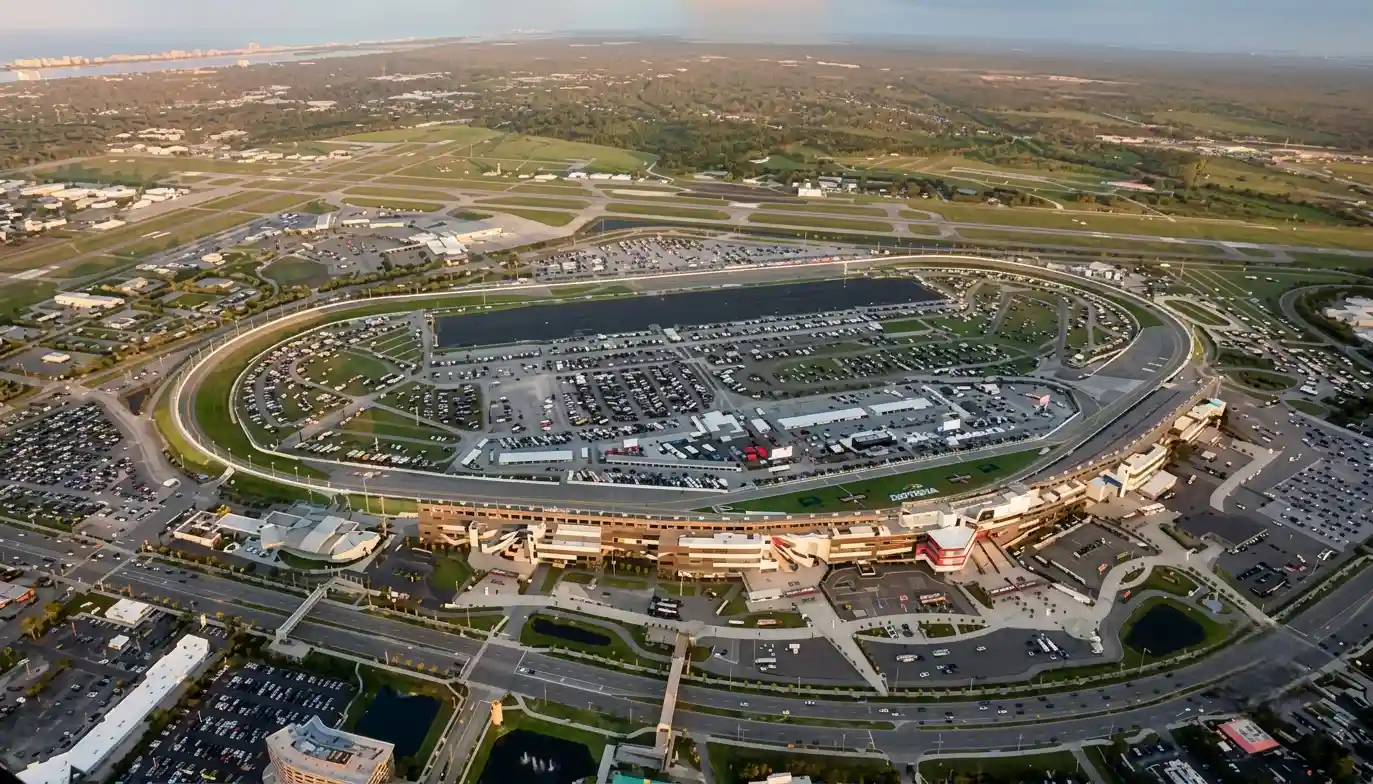 Daytona International Speedway NASCAR superspeedway oval — pack racing speeds of 190-198 mph