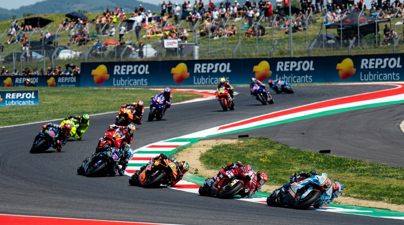 MotoGP rider at full lean angle through a fast corner — championship contender style at Mugello Italian Grand Prix 2026