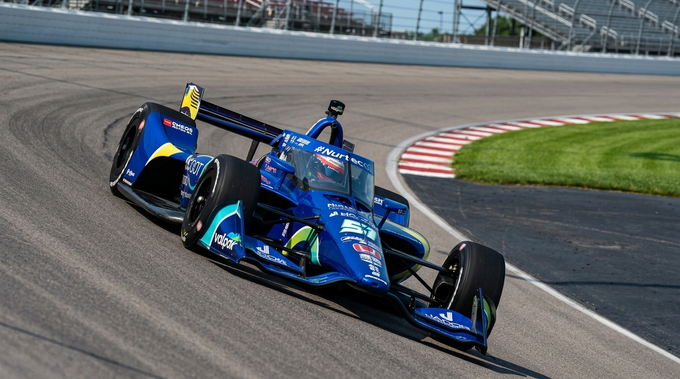 Road racing cars on a flowing technical circuit with elevation changes β the style of challenge that defines WeatherTech Raceway Laguna Seca in the NTT IndyCar Series