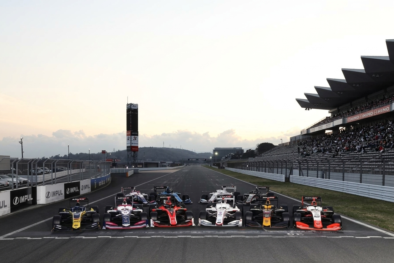 Open-wheel racing car at high speed through a fast corner β aerodynamic forces at Suzuka Circuit Japan comparable to Formula 1