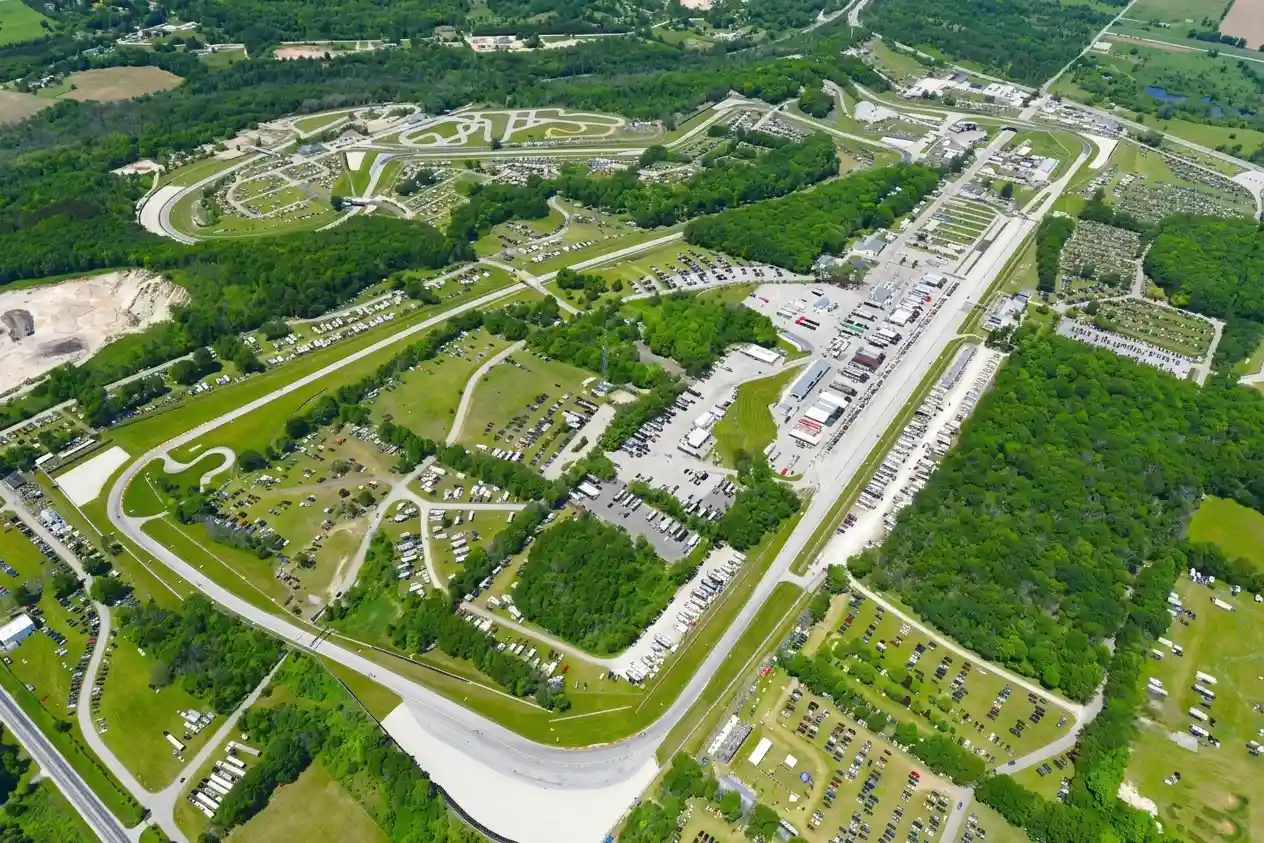 Racing circuit grandstand with packed crowd — Road America Elkhart Lake Wisconsin IndyCar atmosphere
