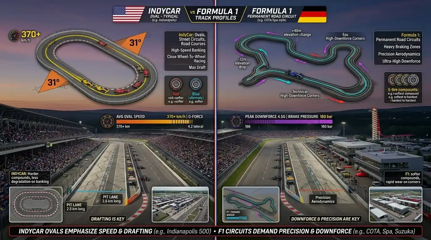 Formula 1 cars at speed on a road course circuit — showing the extreme cornering loads and aerodynamic grip that gives F1 a 14-second per lap advantage over IndyCar at COTA