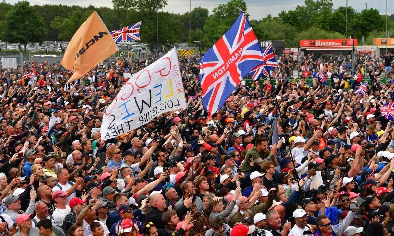 Aerial view of a Formula 1 circuit surrounded by a packed crowd of spectators during a Grand Prix weekend