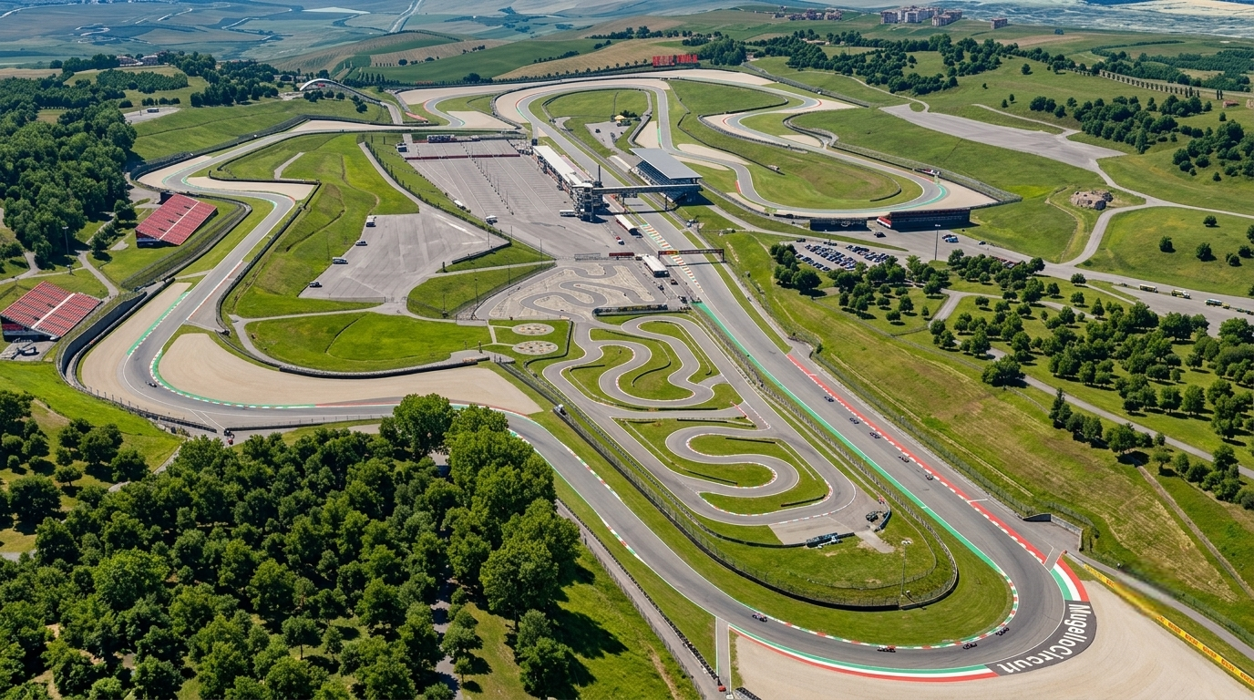 Mugello Circuit from above showing the flowing layout through the Tuscan hills — Italian MotoGP 2026