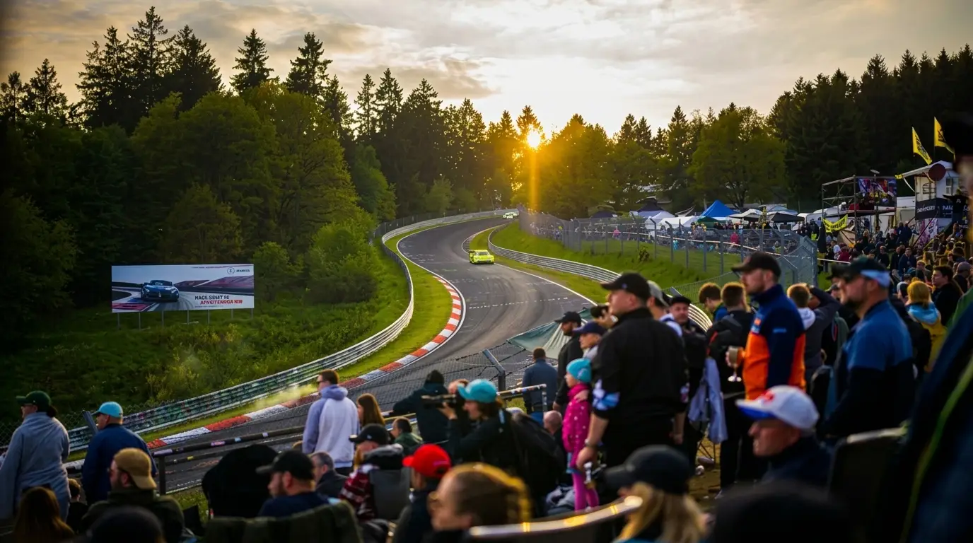 Racing car through forest section at night — Nürburgring Nordschleife Green Hell atmosphere
