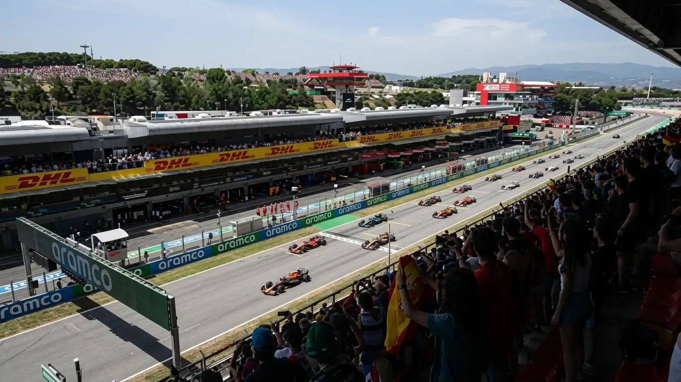 Formula 1 pit crew preparing for a pit stop during the 2026 Spanish Grand Prix at Barcelona