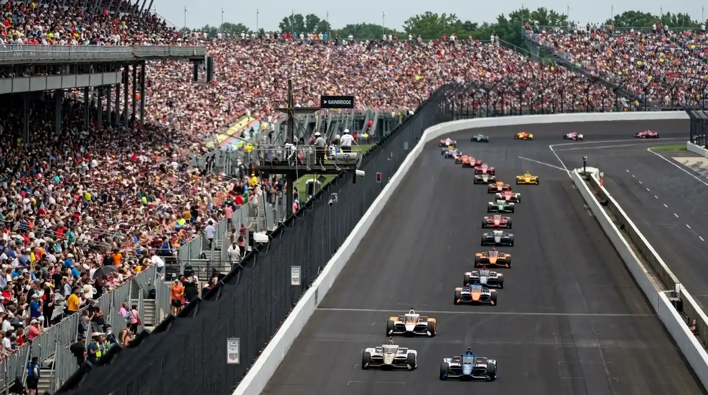 Indianapolis 500 IndyCar race start — packed grandstands and cars streaming into Turn 1 at Indianapolis Motor Speedway