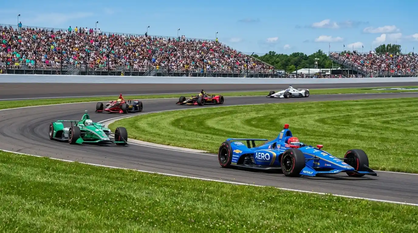 Open-wheel race car at speed on an oval circuit β Indianapolis Motor Speedway opening day practice atmosphere during the 2026 Month of May