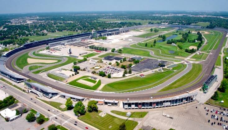 Indianapolis Motor Speedway aerial view — IndyCar's most iconic venue where E85 ethanol fuel and hybrid power combine for 500-mile racing