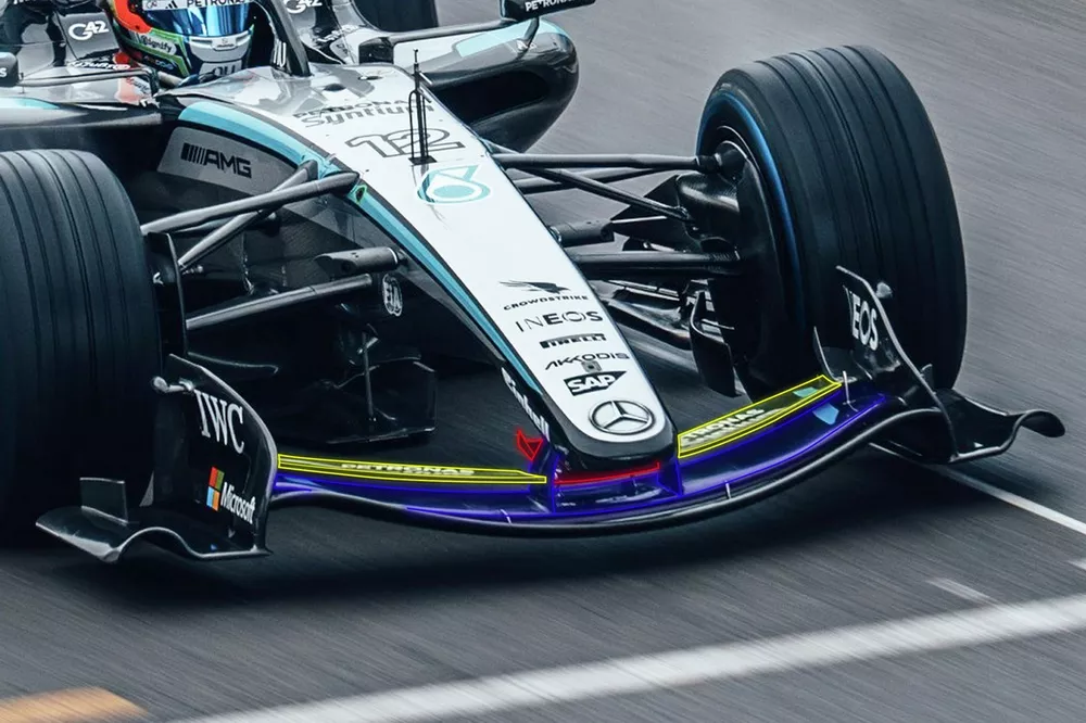 Mercedes W16 aerodynamic package analysis — front wing and floor upgrade details for 2026 Austrian Grand Prix