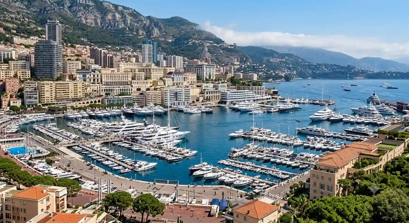 Monaco harbour and city skyline viewed from above — Circuit de Monaco setting for the 2026 Formula 1 Monaco Grand Prix