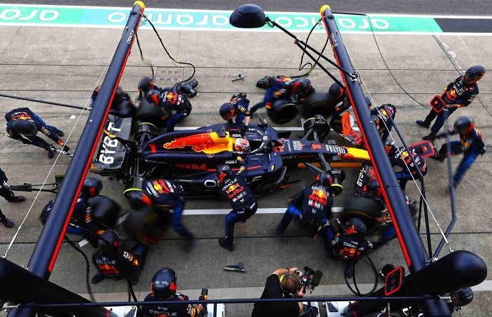 F1 car in the pit lane at a European Grand Prix circuit — pit strategy is crucial at the Red Bull Ring Austrian GP