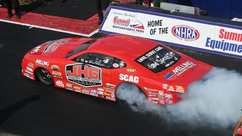 American muscle car at speed representing NHRA Pro Stock competition — Summit Racing NHRA Nationals 2026
