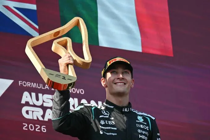 Formula 1 podium celebration with champagne spray after a Grand Prix race victory