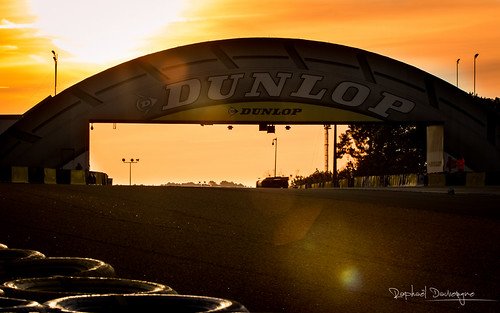 The Circuit de la Sarthe at sunset during the 2026 24 Hours of Le Mans — cars racing through the Porsche Curves