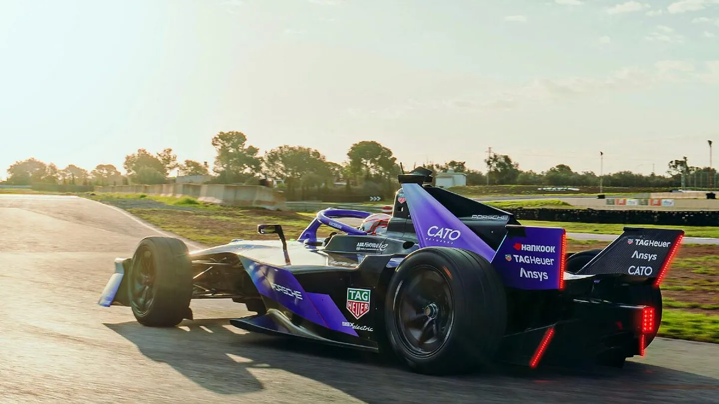 Electric racing car accelerating on circuit at the Formula E Shanghai E-Prix 2026 double-header weekend