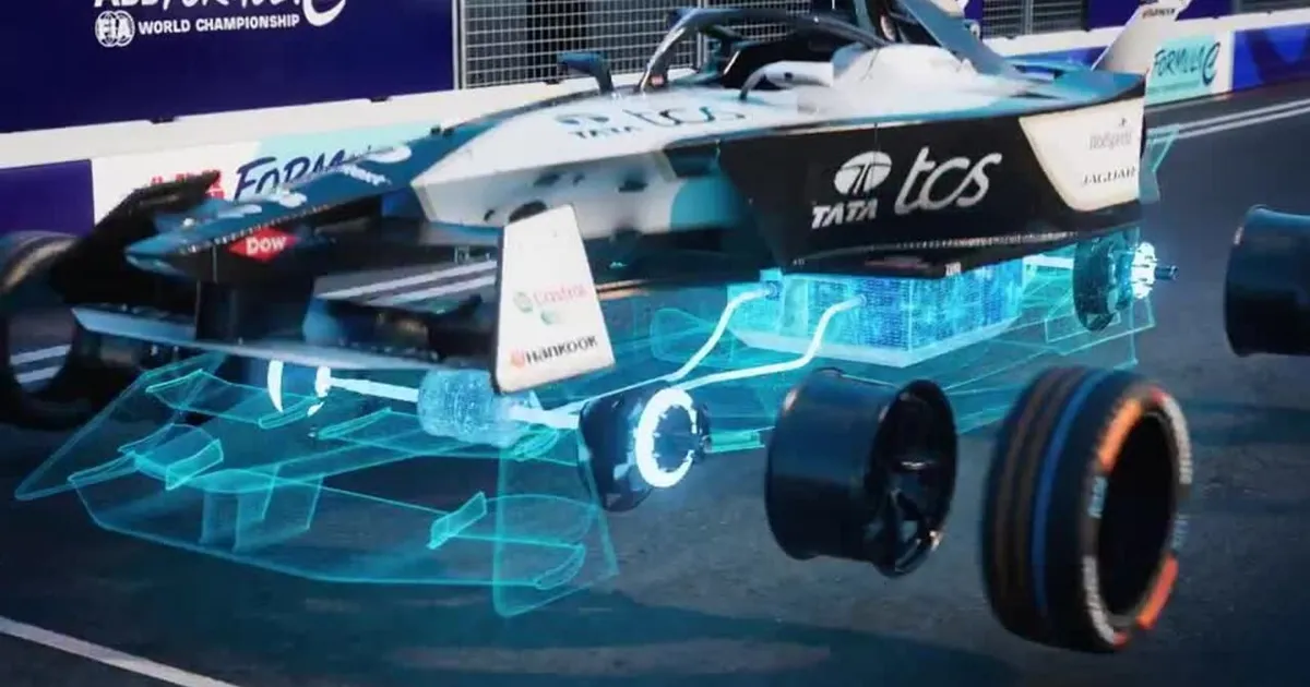 Electric racing car detail showing aerodynamic bodywork and energy management systems — Formula E Gen3 Evo