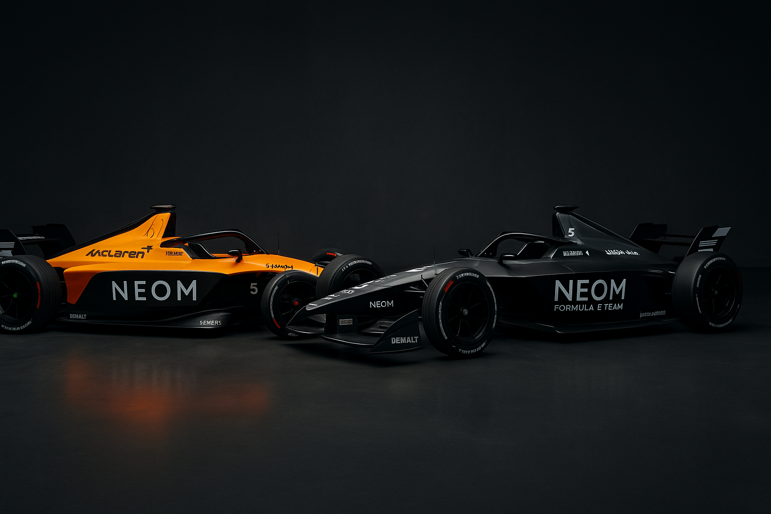 McLaren Formula E pit lane crew working on the NEOM papaya electric car between rounds — Formula E team operations Season 11