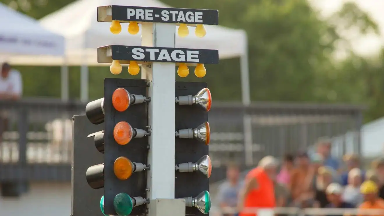 NHRA Christmas Tree staging lights at drag strip — the pre-launch ritual at Summit Motorsports Park Norwalk 2026