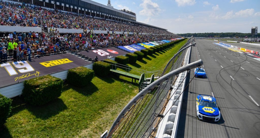 High-speed oval track banking at NASCAR race venue — Pocono Raceway Tricky Triangle Pennsylvania