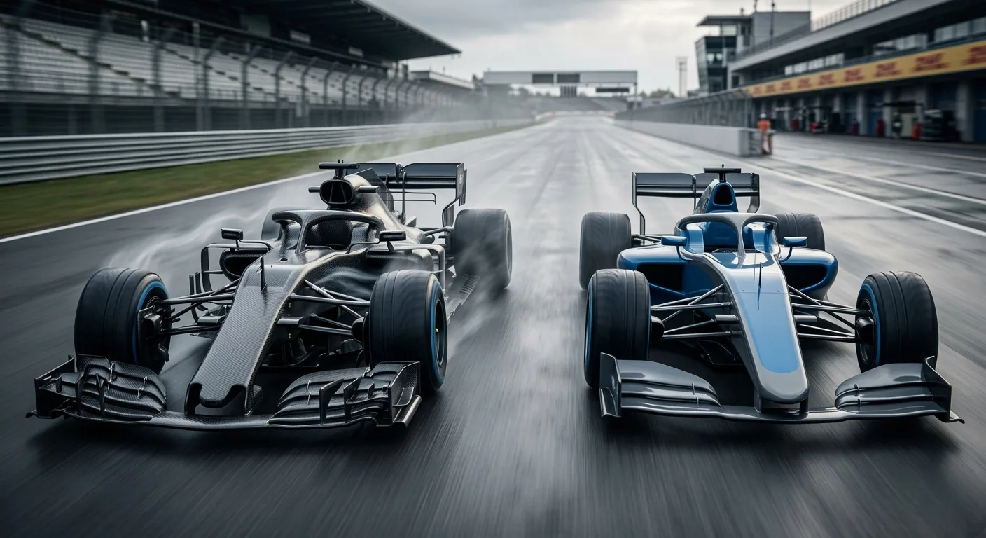 Open-wheel racing car detail showing aerodynamic bodywork and suspension components — illustrating the engineering complexity difference between IndyCar and Formula 1 car design
