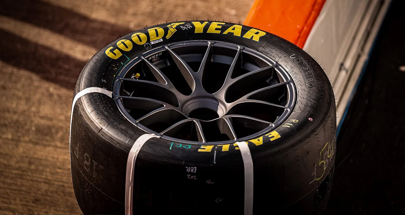 Goodyear NASCAR racing tyres stacked in a pit stall ahead of a Cup Series race weekend