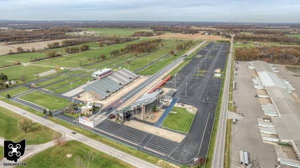 Summit Motorsports Park Norwalk Ohio drag strip aerial view NHRA 2026 qualifying under the lights