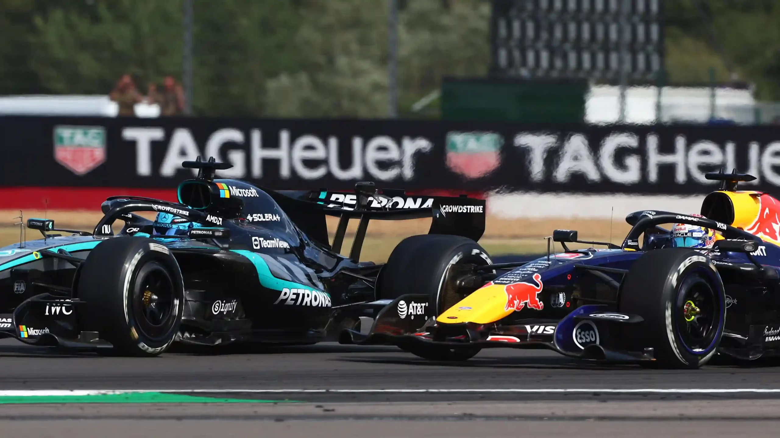 George Russell and Max Verstappen battle during the 2026 British Grand Prix