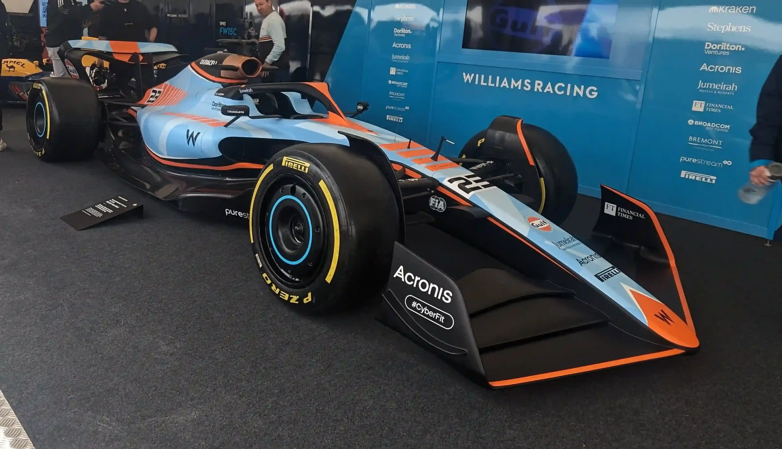 Williams FW45 Formula 1 car in a Gulf Oil throwback sponsor livery