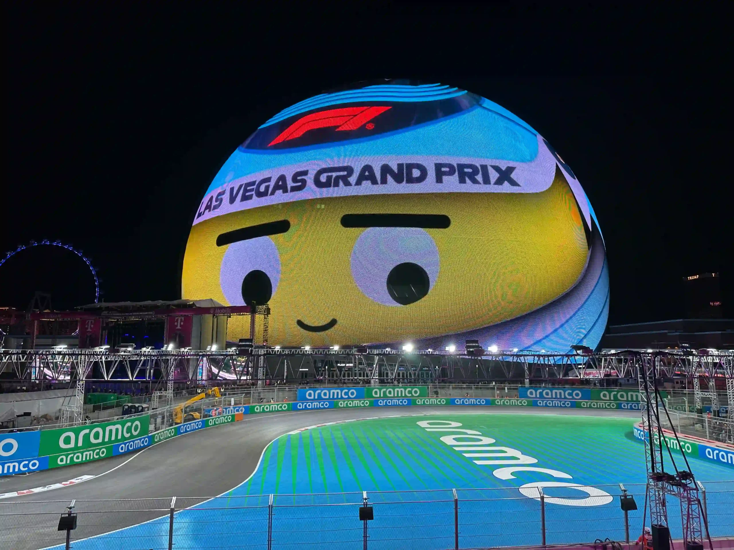 Las Vegas Grand Prix circuit beside the illuminated Sphere during the 2024 race weekend