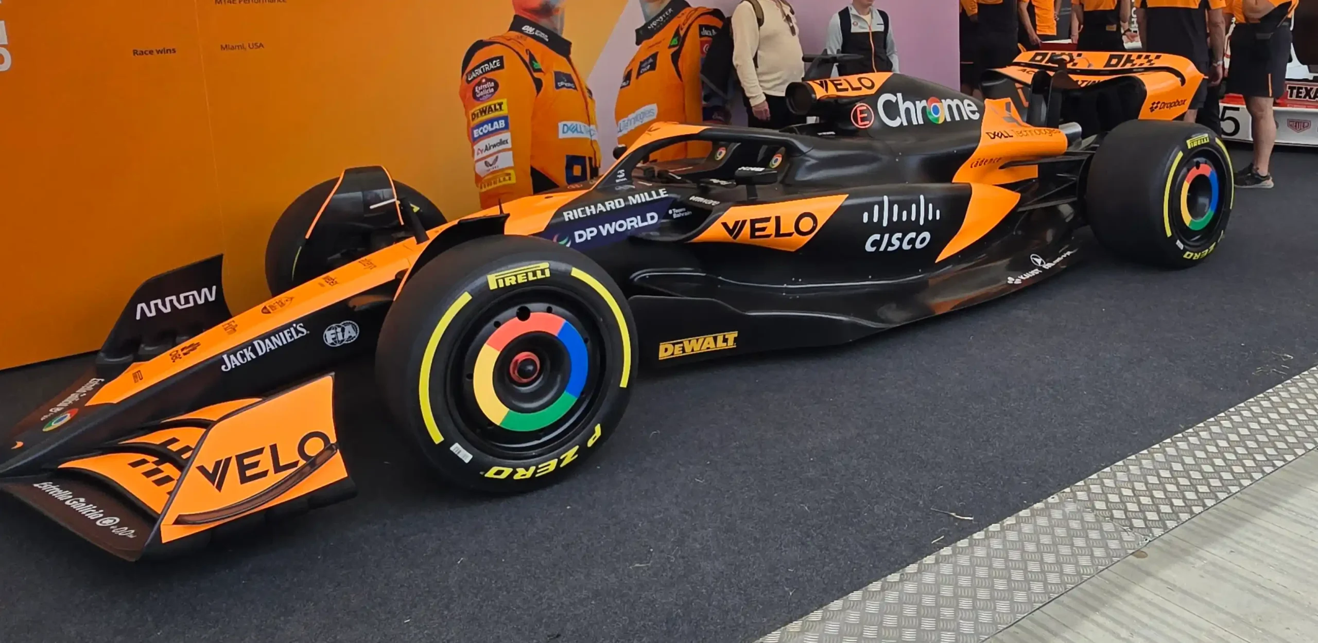 2024 McLaren MCL38 Formula 1 car showing its sponsor-filled racing livery