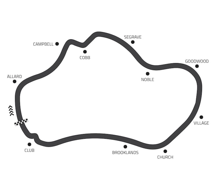 Official Thruxton circuit diagram showing Allard, the Complex, Noble, Goodwood, Church, Brooklands and Club