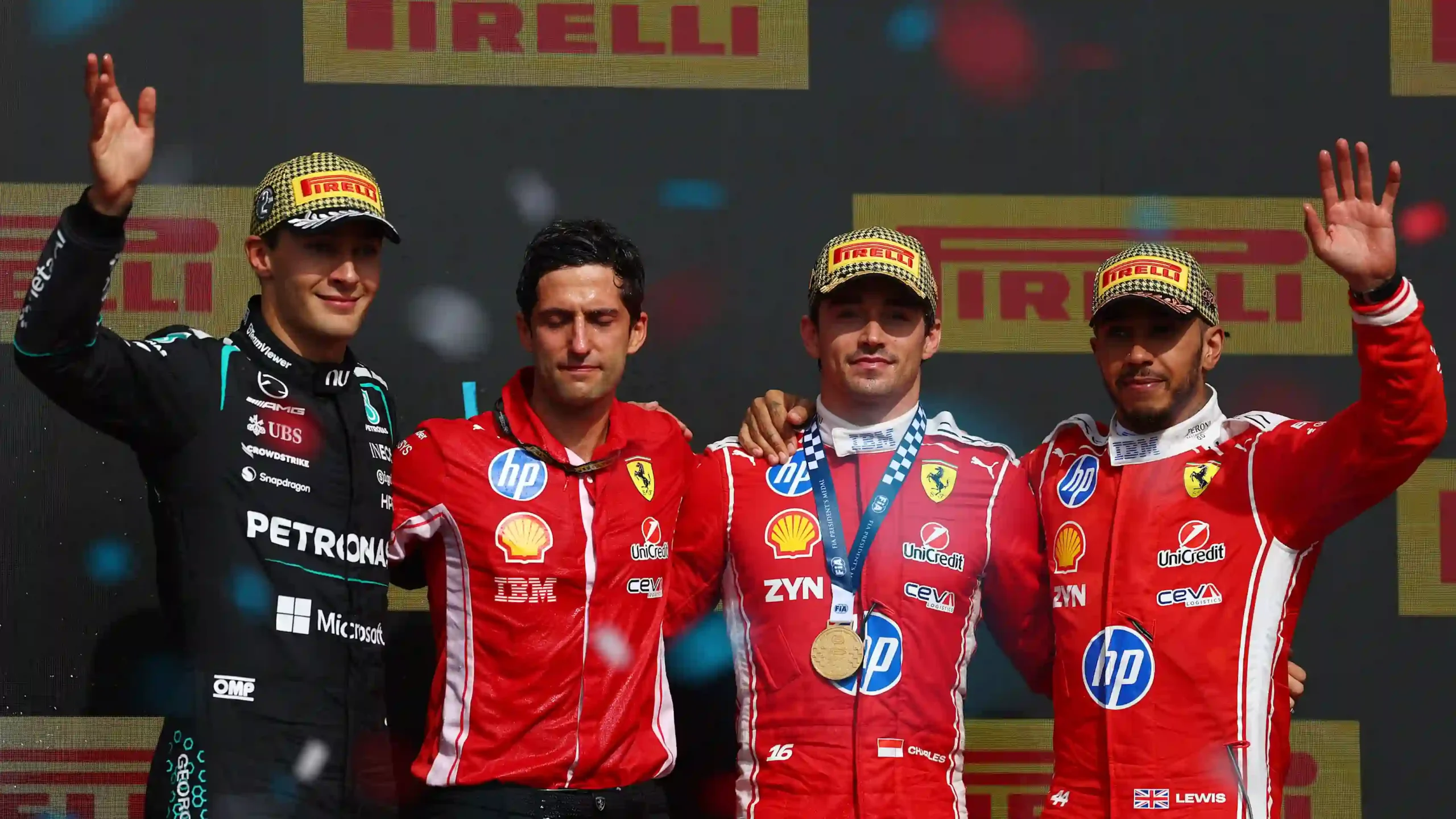 George Russell, Charles Leclerc and Lewis Hamilton on the 2026 British Grand Prix podium