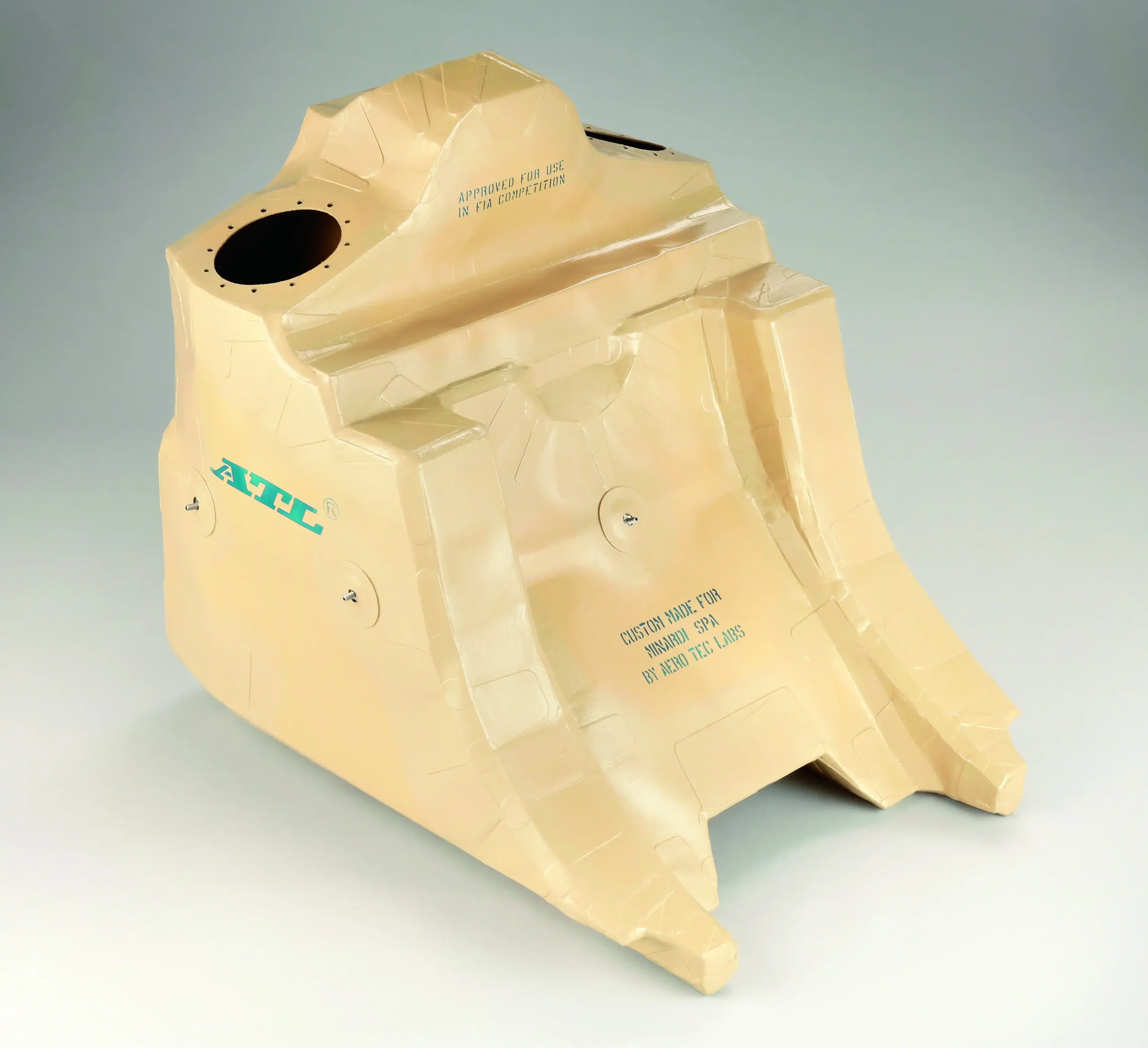 FIA specification Formula 1 flexible fuel bladder displayed outside a race car