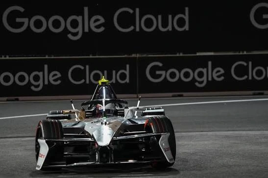 António Félix da Costa Formula E car at full speed on the Shanghai International Circuit