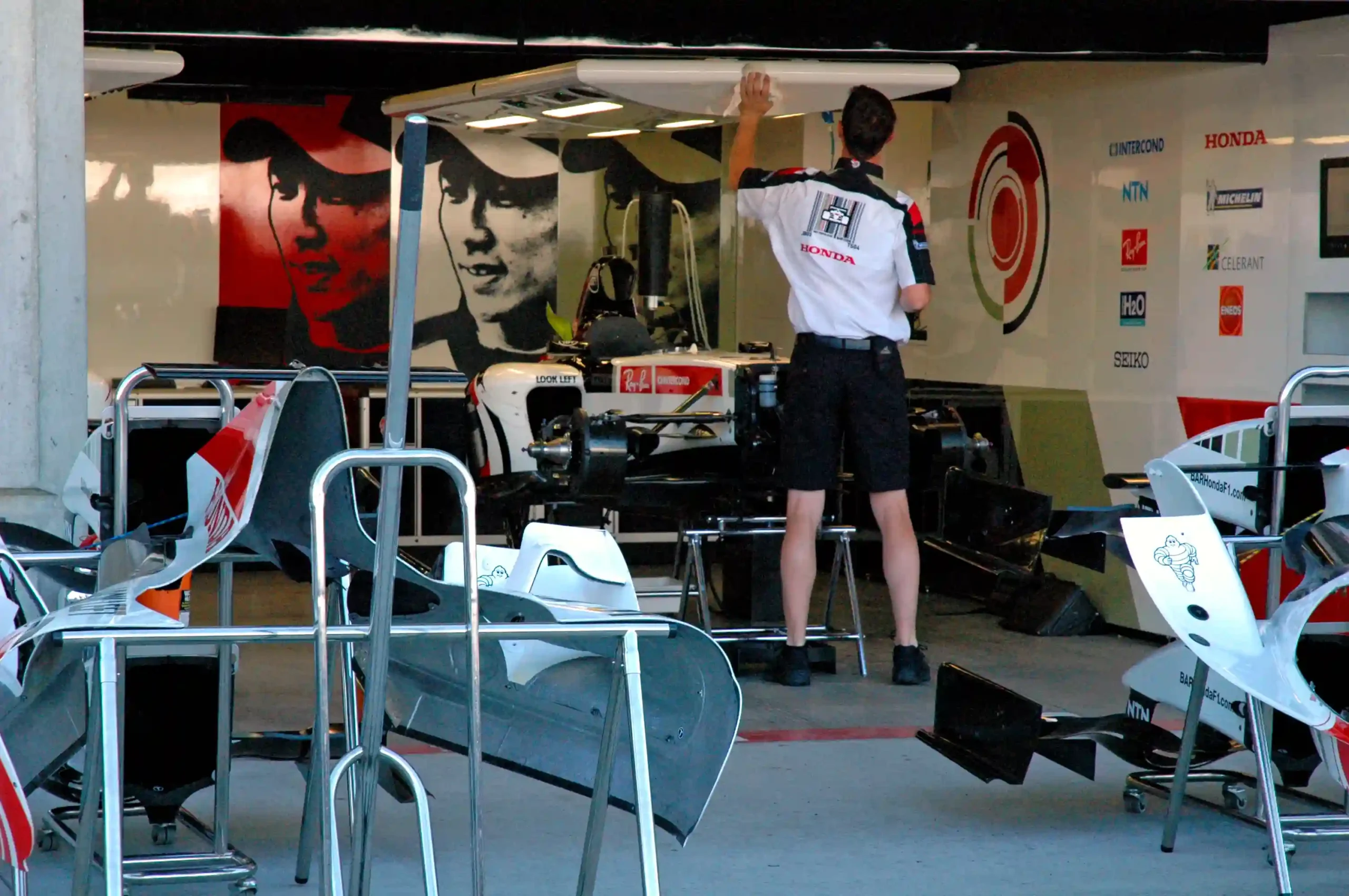 British American Racing Formula 1 garage with cars, tools and technical equipment